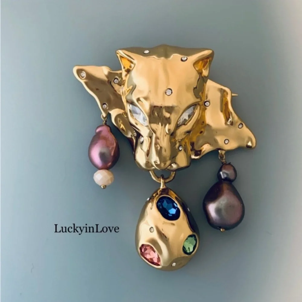 ALEXIS BITTAR • Gold Molten Crumpled Panther Head Green Rose Blue Pink Necklace